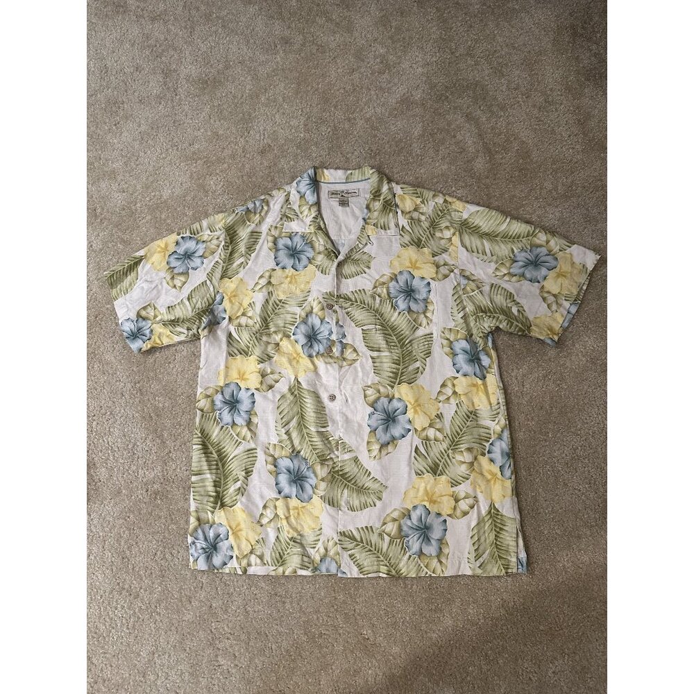 Tommy Bahama Men's Medium Silk Blue & Yellow Hibiscus Floral Hawaiian Shirt